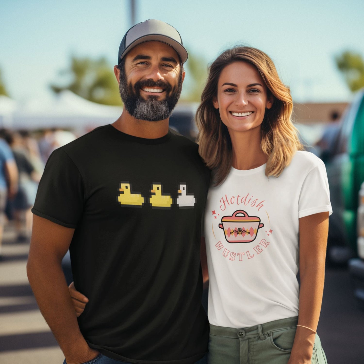 A smiling couple stands outdoors at a market or fair. The man wears a black t-shirt with pixelated yellow and gray ducks, and the woman wears a white “Hotdish Hustler” tee with a vintage pink casserole dish design. They look happy and relaxed.