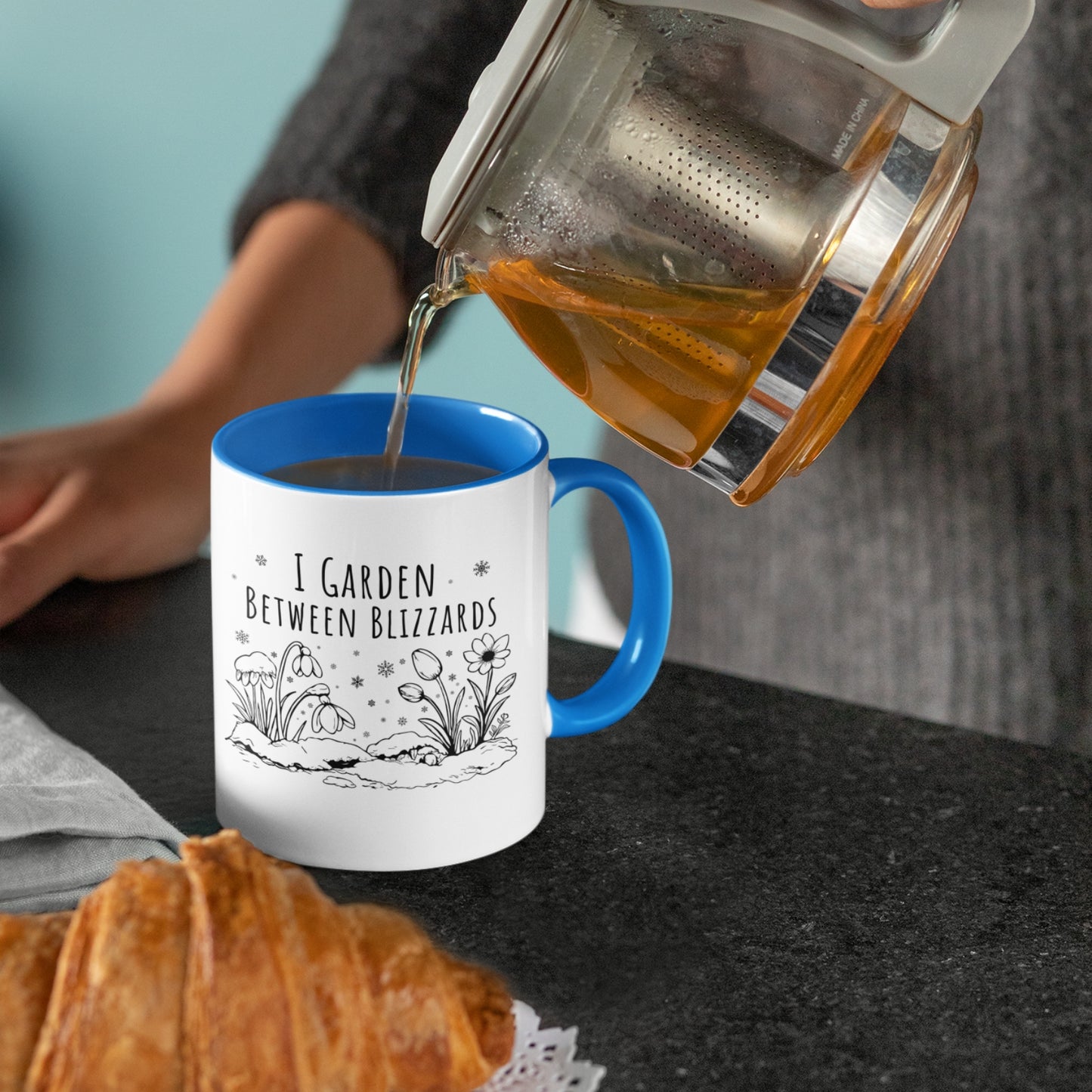 I Garden Between Blizzards – Two-Tone 11oz Ceramic Mug (Blue Accent)